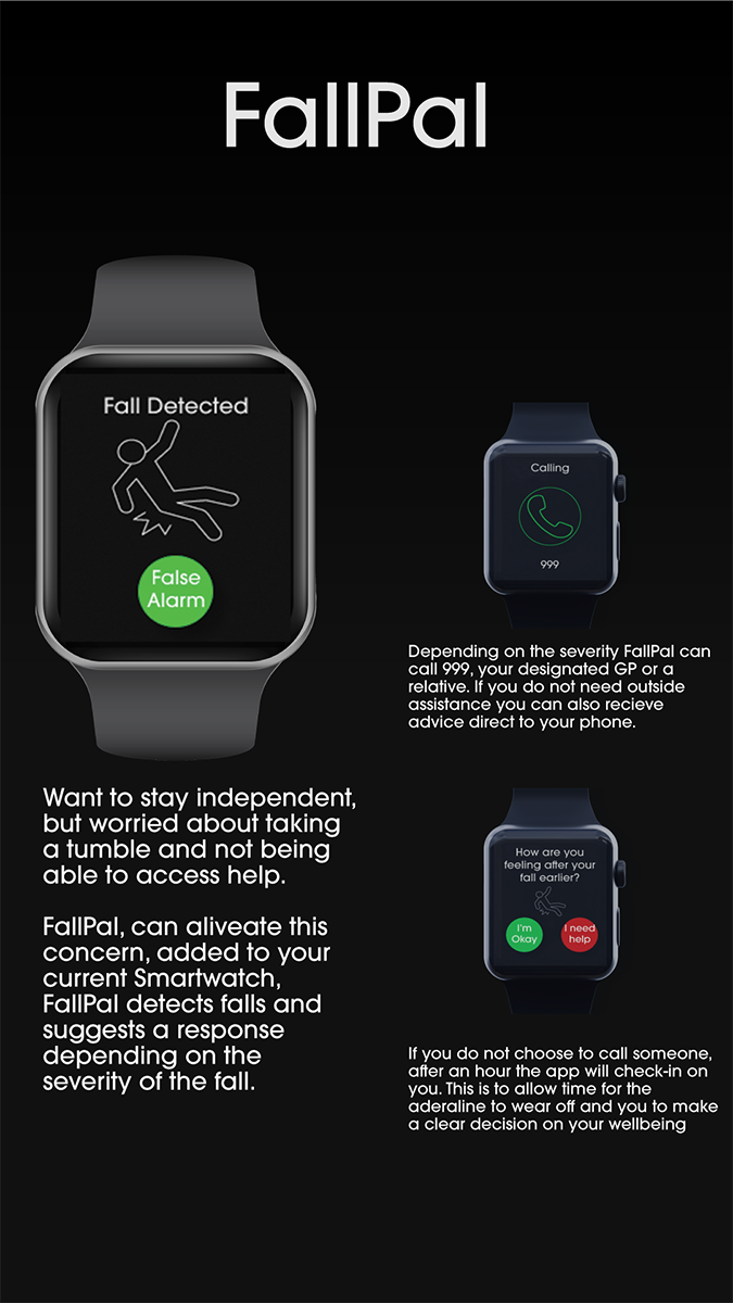 An advertisement style visual asset used to show aspects of the FallPal app at the design Critique