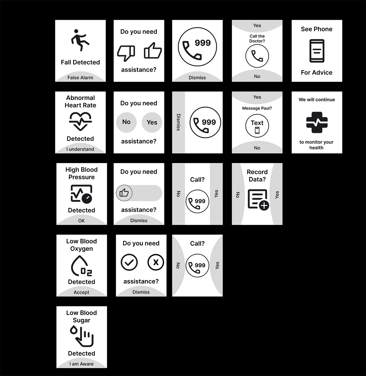 A selection of low fidelity screen mockups for the FallPal app to test ideas