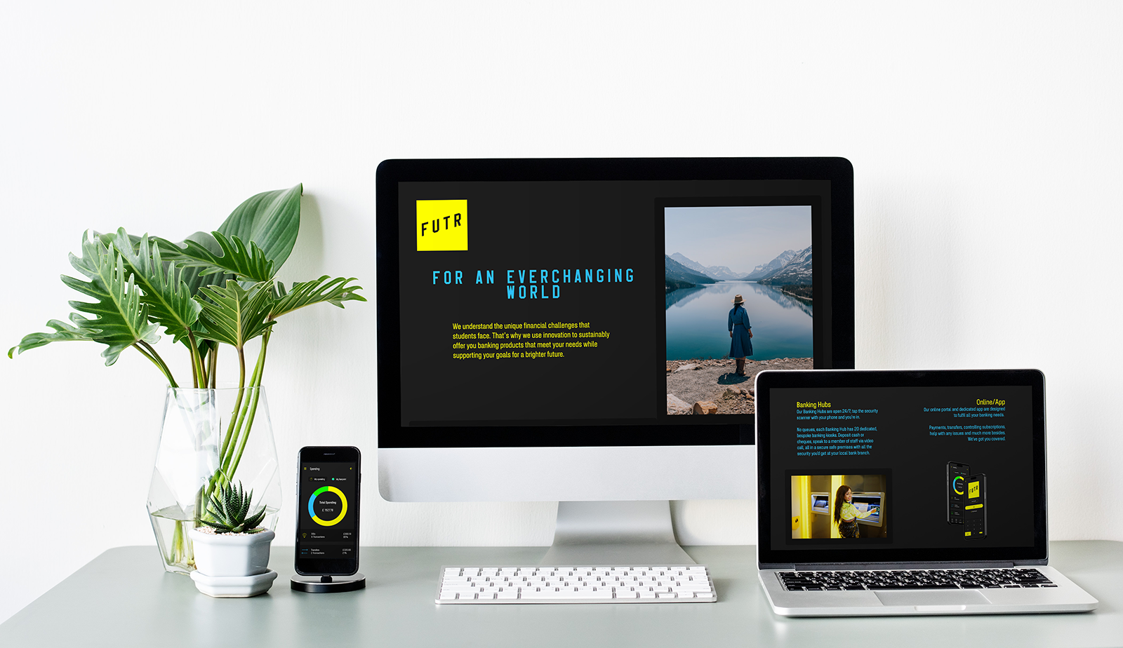My bank brand FUTR applied to a phone, tablet and laptop mockup