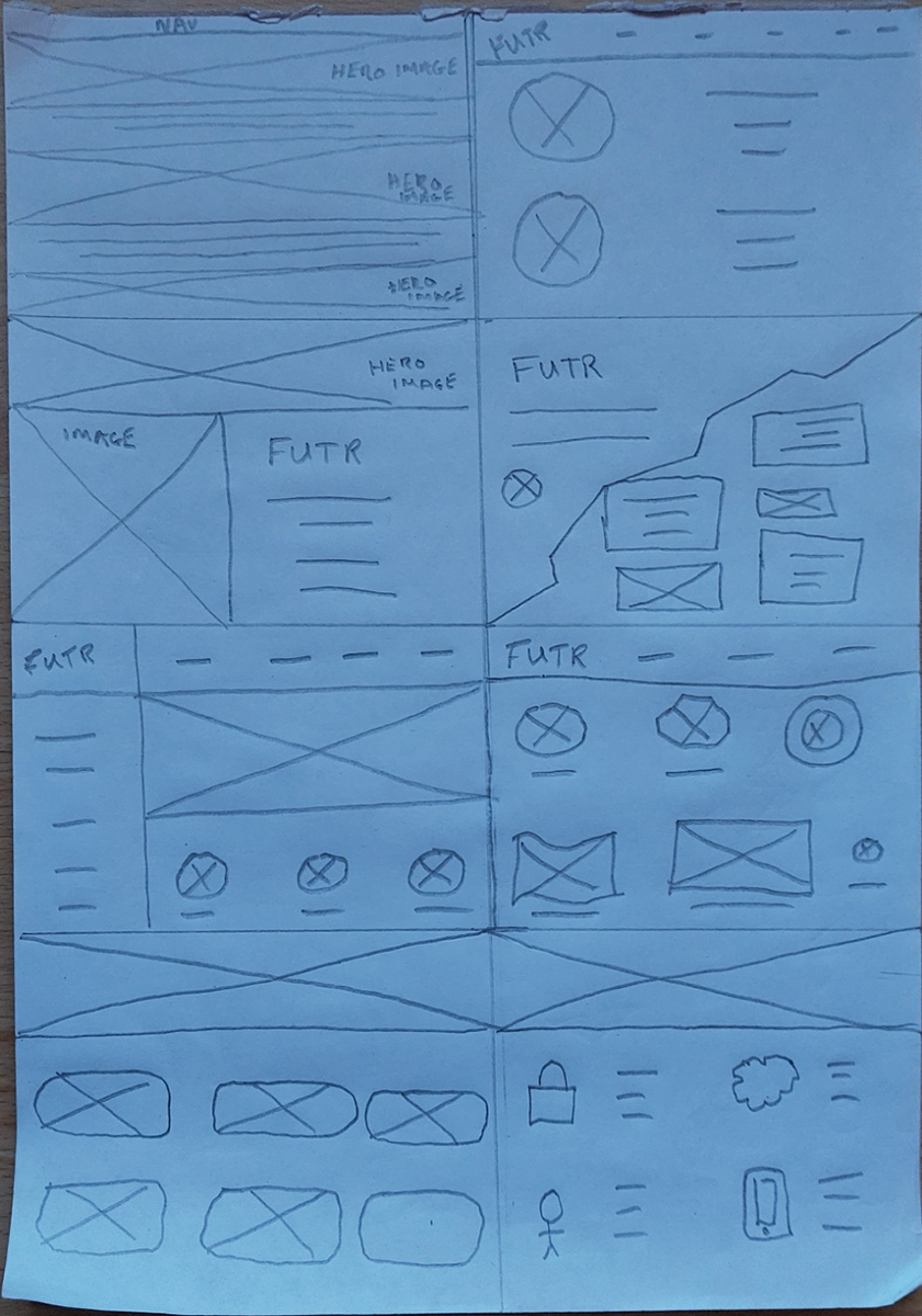 My crazy eights exercise ideating for the design of the FUTR landing page