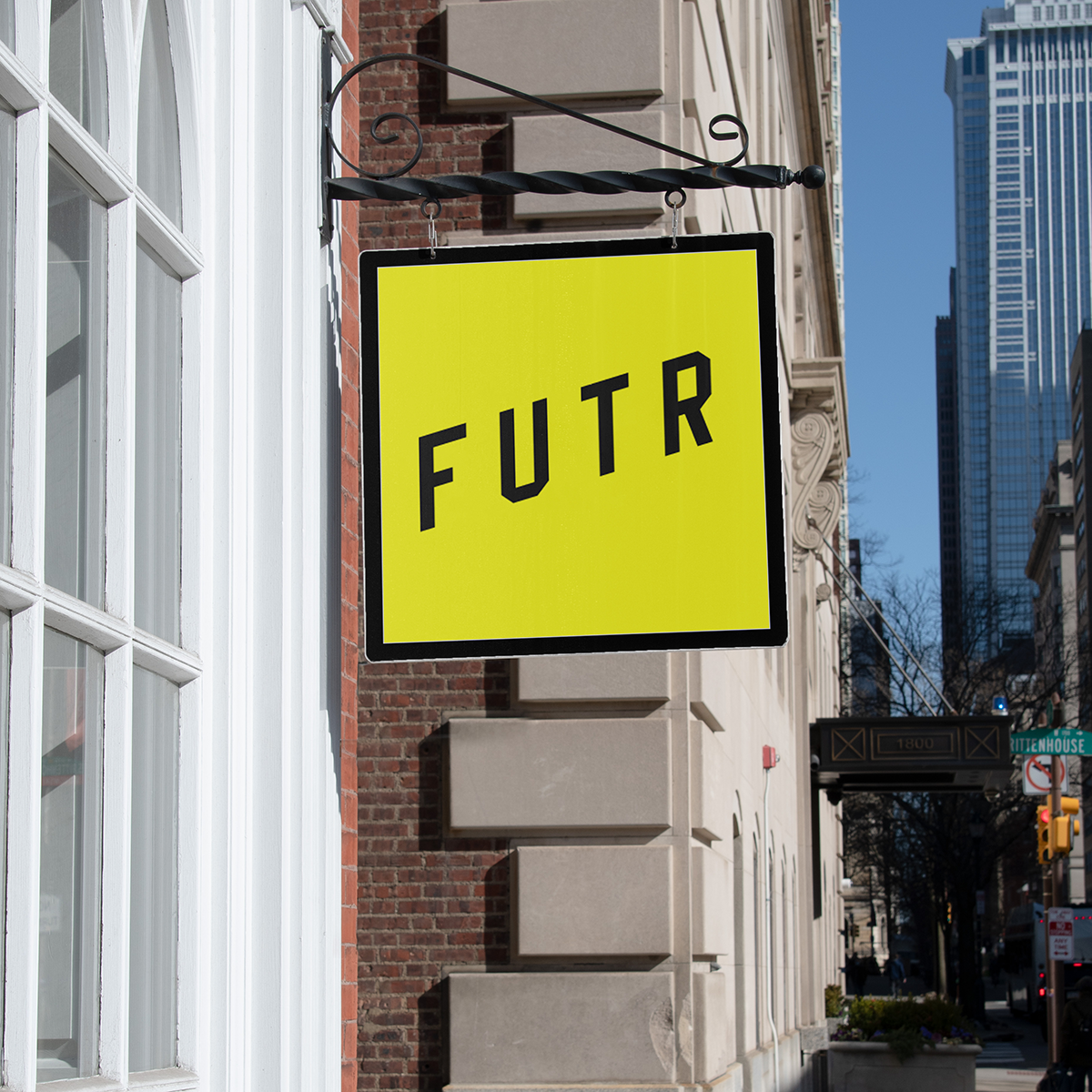 A mockup of a hanging sign outside a building for my bank brand FUTR