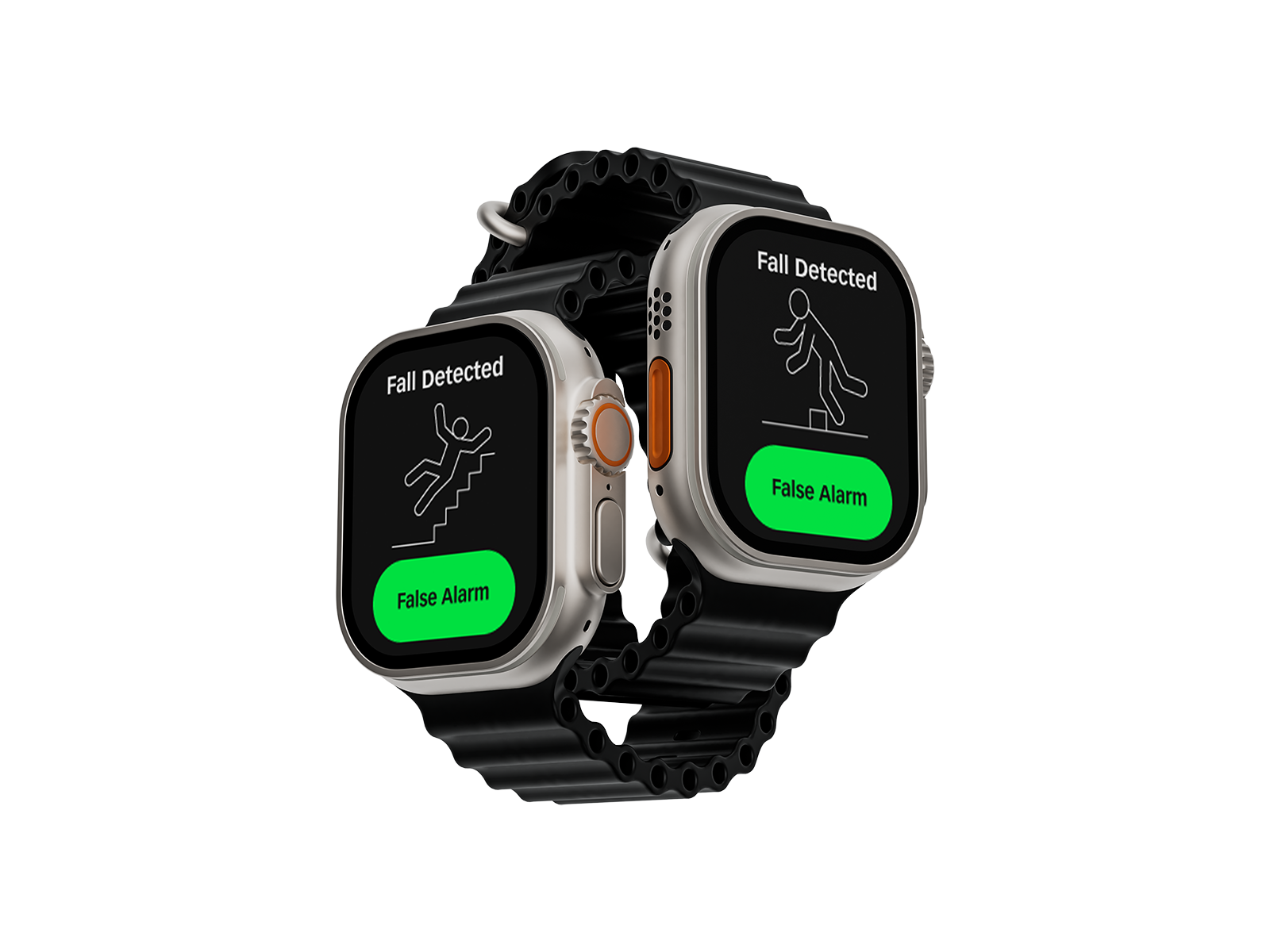 An image of two Apple Watches showing screens from the FallPal App