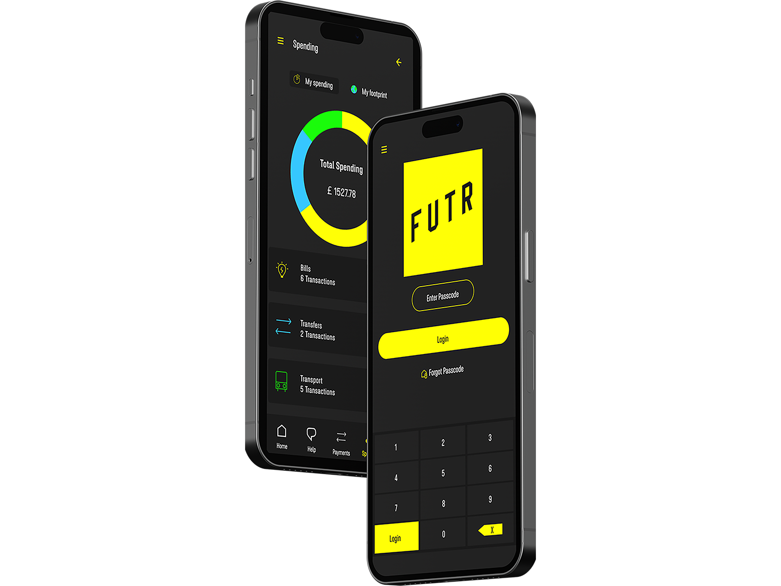 An image of two iPhones showing screens from the FUTR Banking App