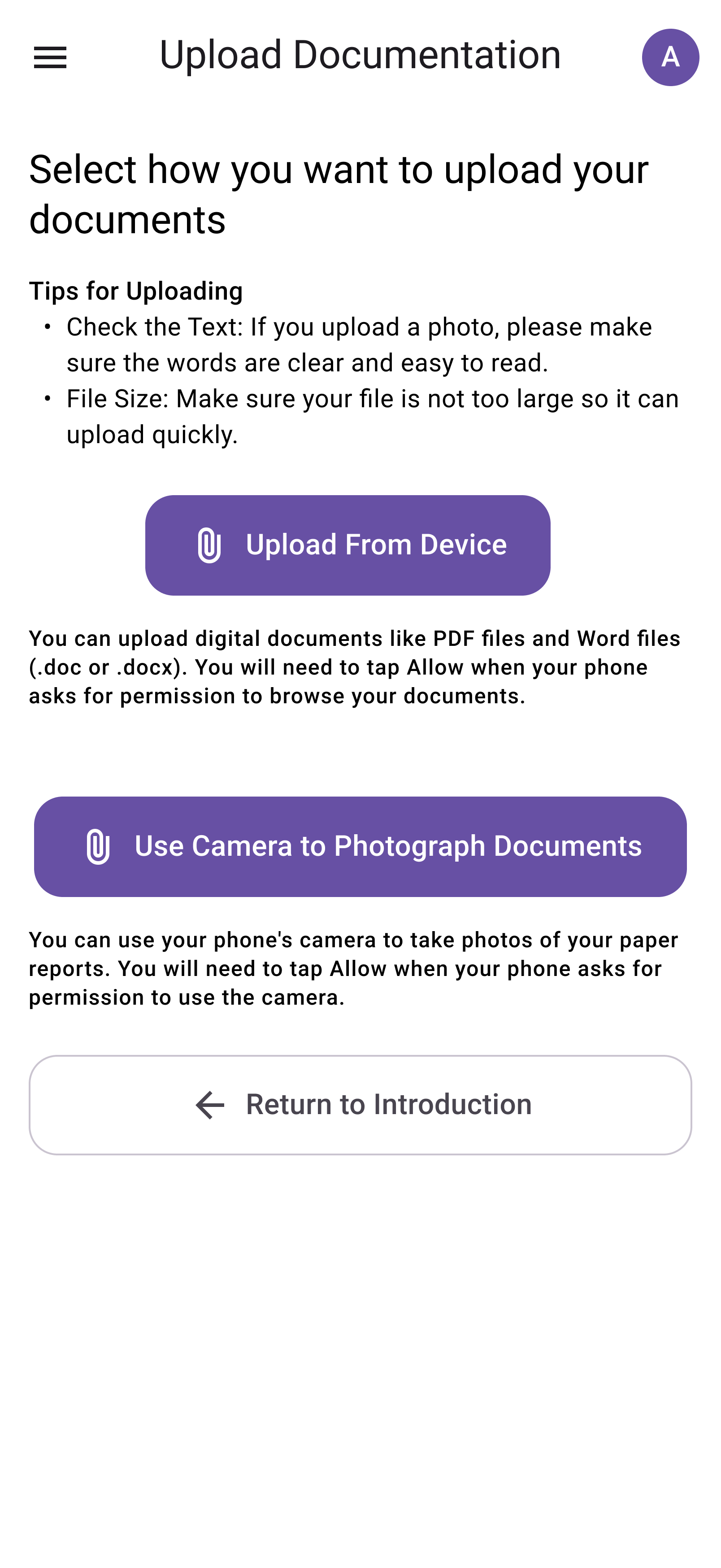 Mid-fi mock-up of a upload documentation screen.