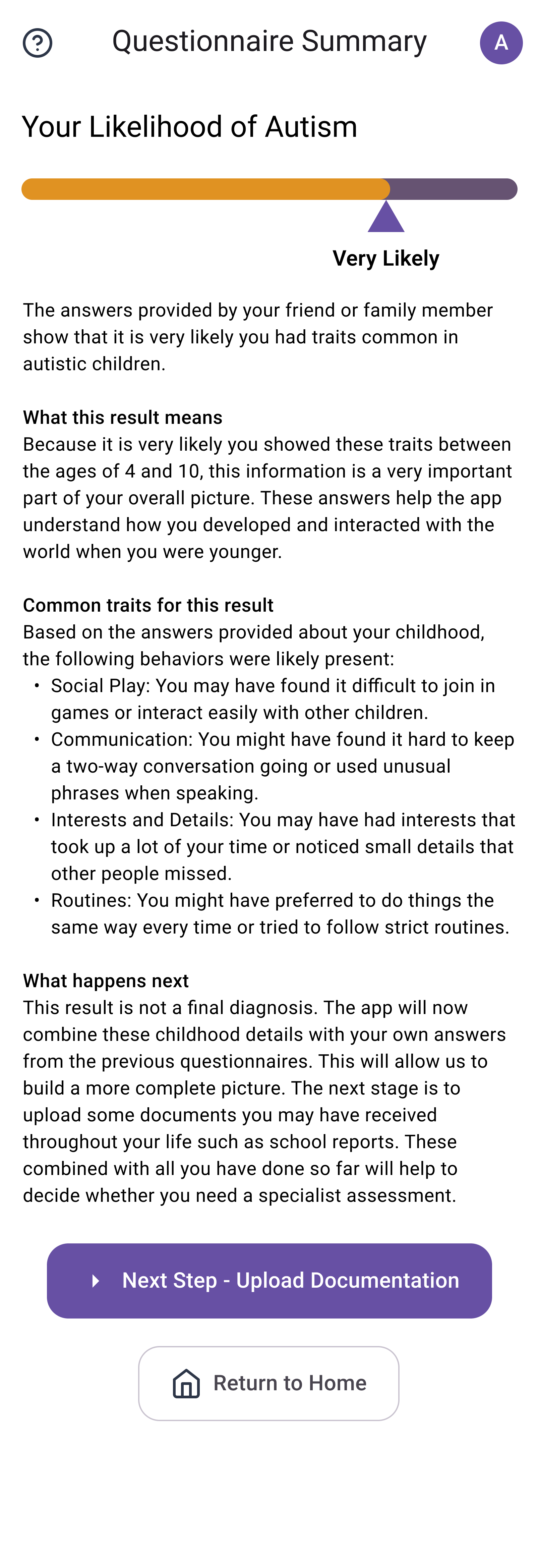 Mid-fi mock-up of a questionnaire summary screen.