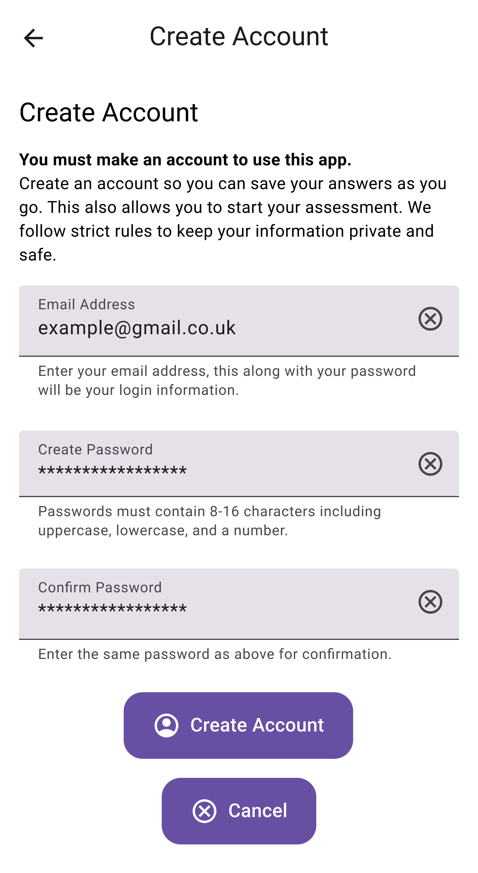 Mid-fi mockup of the create account form screen.