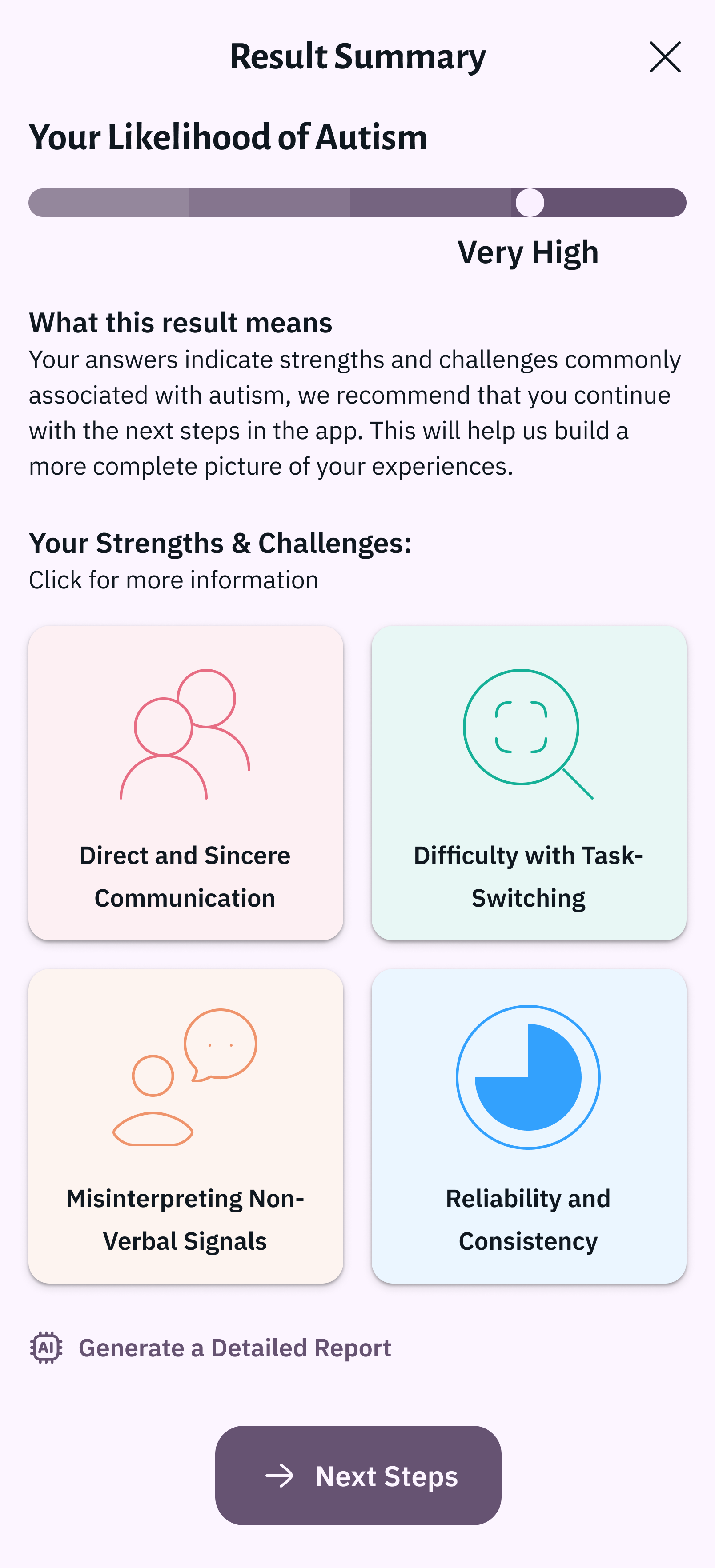Hi-fi mockup of a questionnaire summary screen, including strengths and challenge tiles.